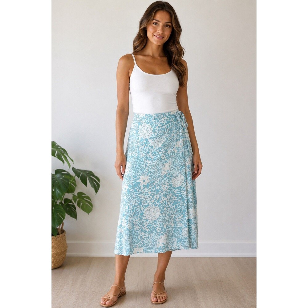 Freelance XL Aqua Blue White Floral Wrap Midi Skirt Modal Stretch Tie Waist